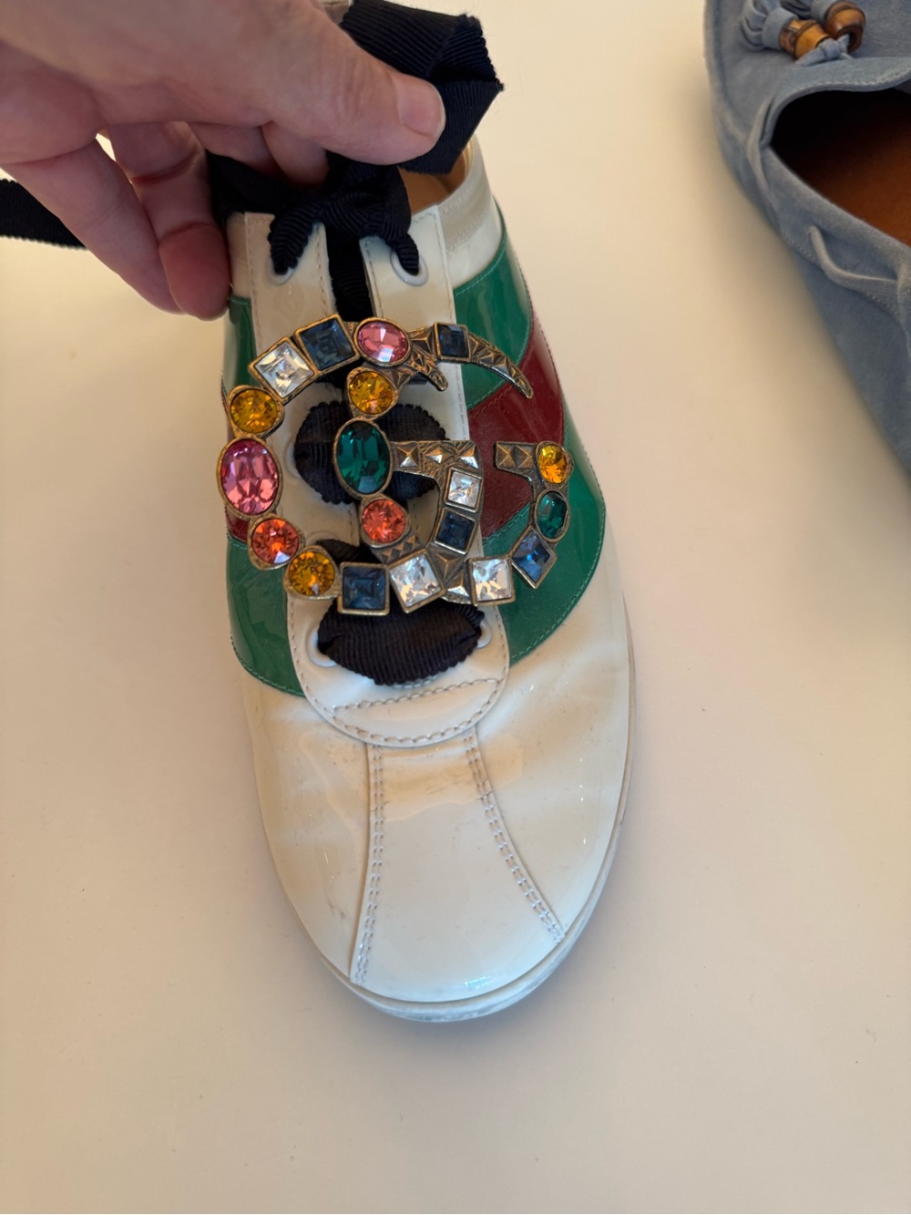Gucci White Leather Sneaker with Green and Red Panels and Multicolor Gem Buckle